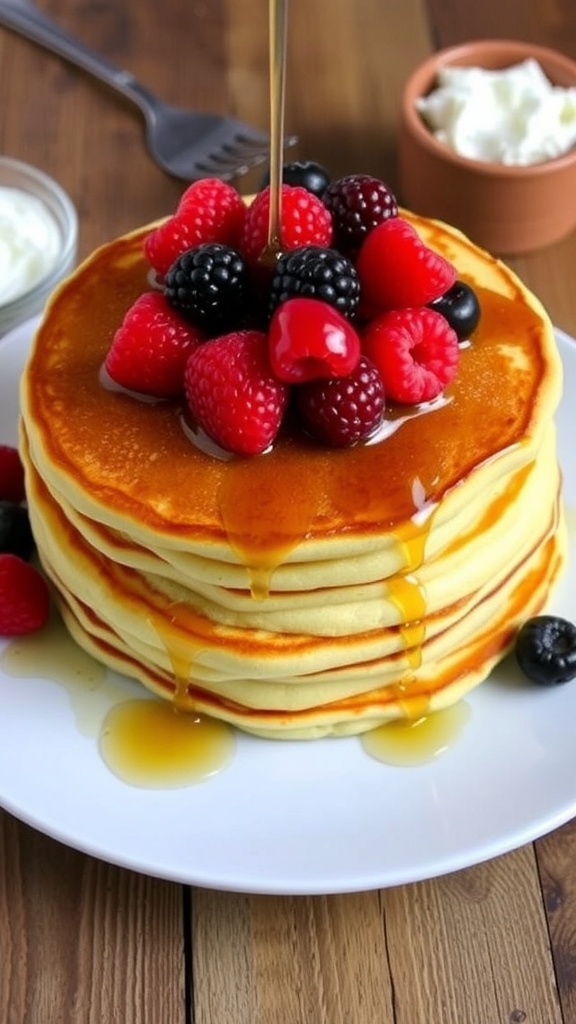 Crispy Edge Pancakes Recipe A stack of crispy edge pancakes topped with berries and syrup on a wooden table.